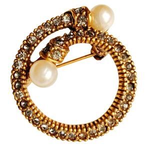 Mid Century Gold Tone Brooch Faux Pearls Smoky Rhinestones Vintage 1950s Pin